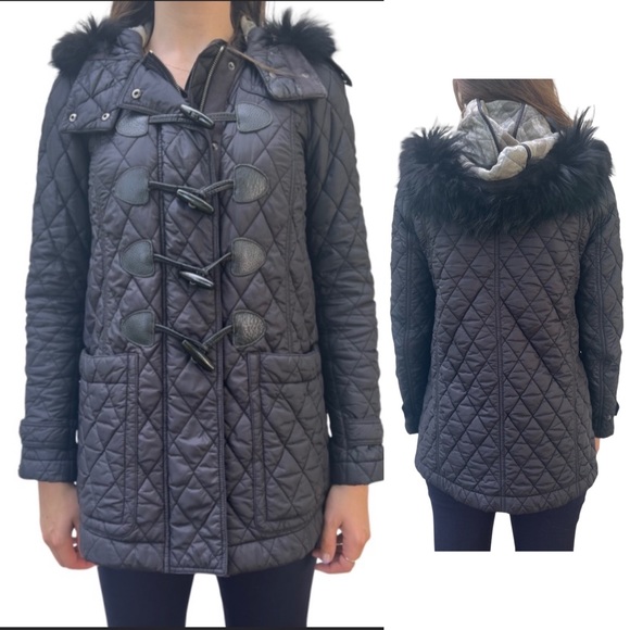 Burberry Jackets & Blazers - Burberry Brit Quilted Toggle Black Fur Coat Plaid XS